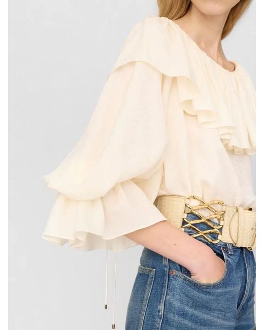 Chloé Natural Silk Jacquard Top Ruffled Neckline