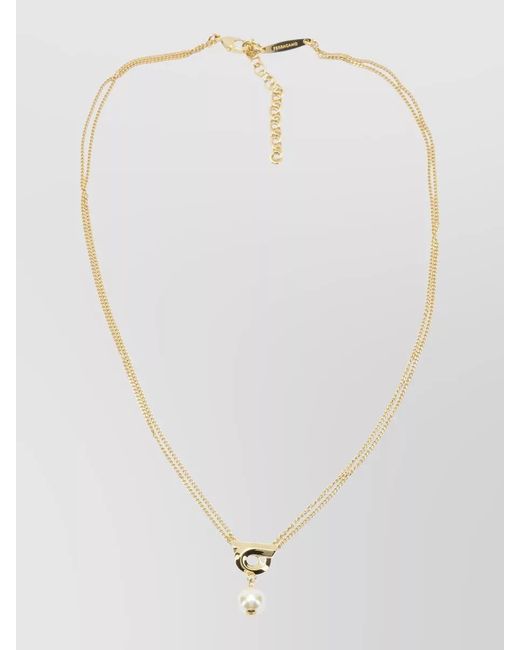 Ferragamo White Gancini Necklace Double Chain Pearl Pendant