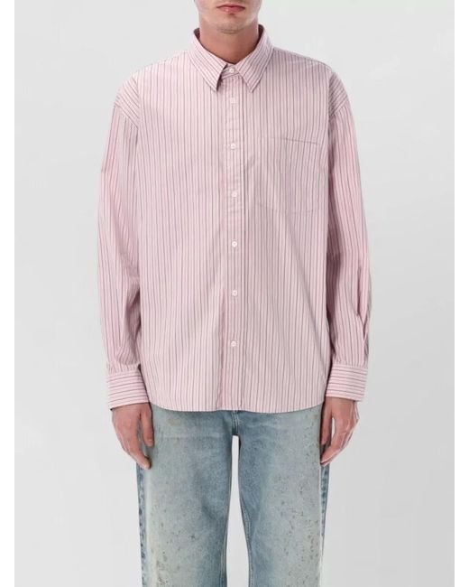 sunflower Pink Striped Shirt Chest Pocket Curved Hemline for men