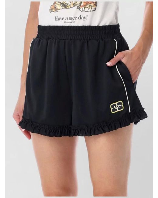 Ganni Black Lounge Shorts Elastic Waist Ruffle Trim Pockets