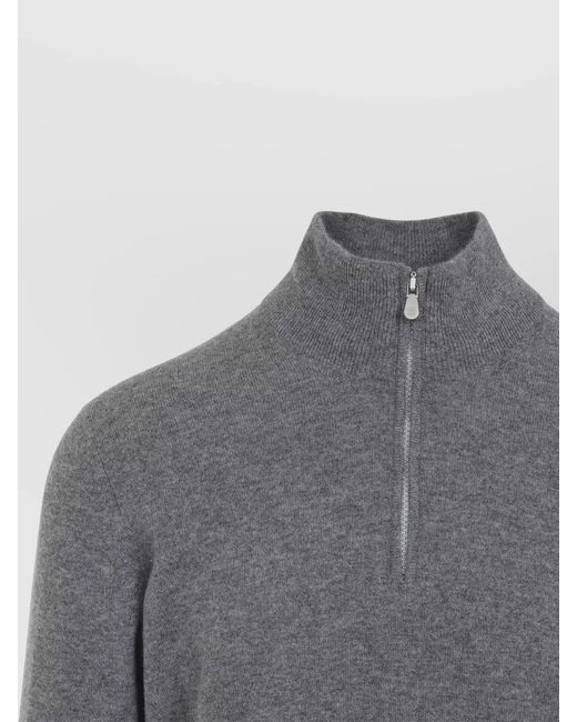 Brunello Cucinelli Gray Cashmere Half Zip Long Sleeve Sweater for men