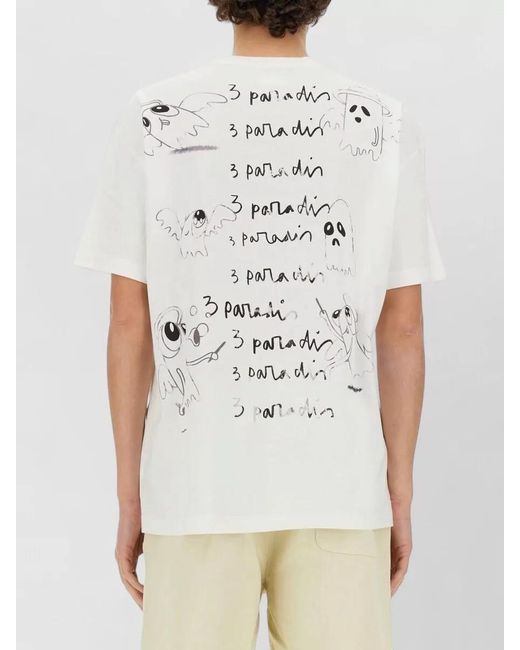 3.PARADIS White Edgar Plans Graphic Crew Neck T Shirt for men