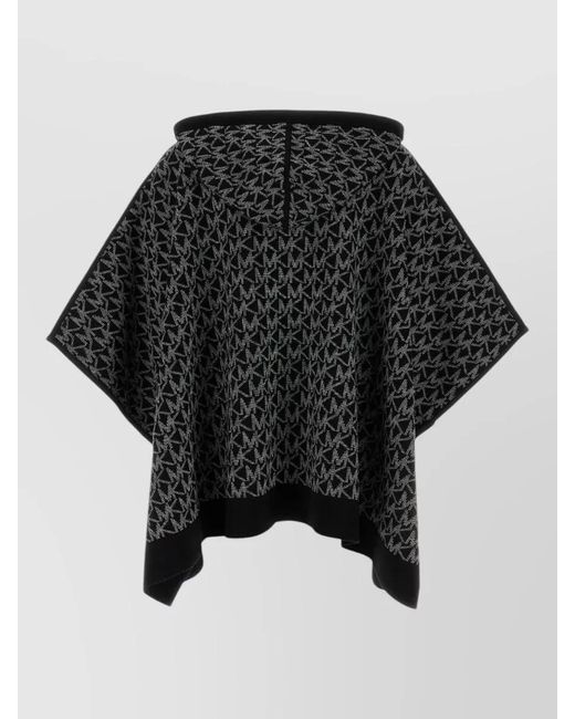 Michael Kors Black Hooded Wool Blend Poncho Patterned Pockets