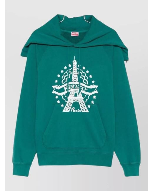 KENZO Green Cotton Graphic-Print Drawstring Hoodie for men
