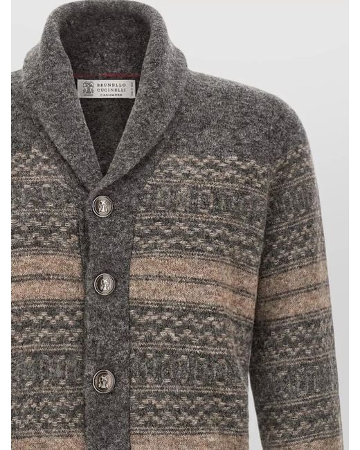 Brunello Cucinelli Gray Nordic Jacquard Shawl Neck Knit Cardigan for men