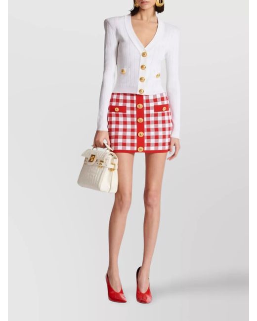 Balmain Red Checked High-Rise Mini Skirt