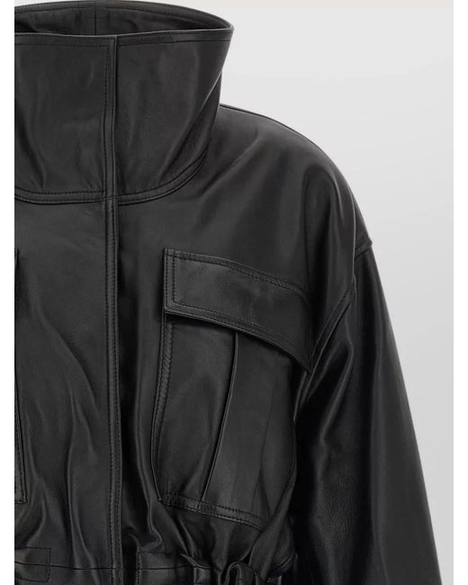 Rohe Black Leather Jacket High Collar Elasticated Waist
