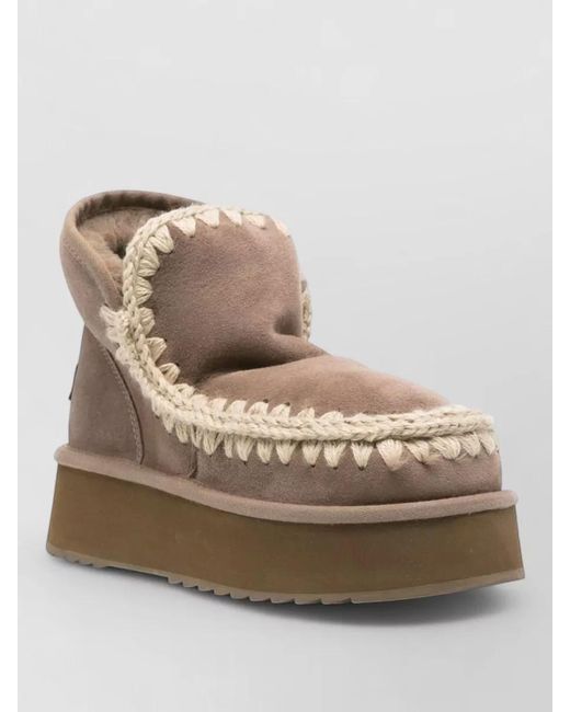 Mou Natural Platform Ankle Slippers Crochet Trim
