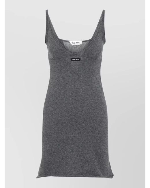 Miu Miu Gray Cashmere V-Neck Sleeveless Mini Dress