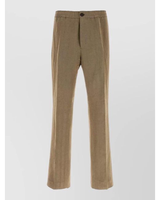 Ferragamo Natural Linen Blend Straight Leg Button Trousers for men