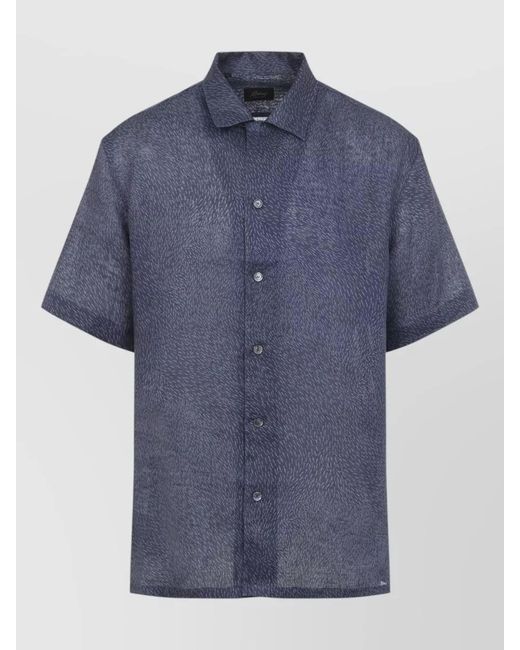 Brioni Blue Cuban Bowling Collar Linen Shirt Print for men