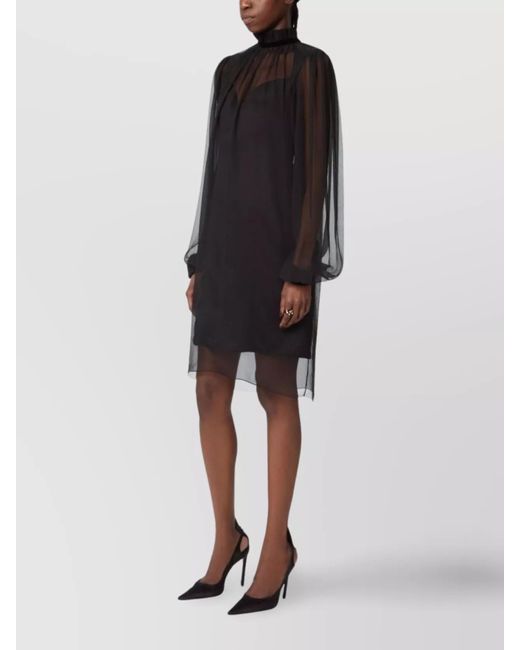 Nina Ricci Black Silk High-Neck Long-Sleeve Knee-Length Dress