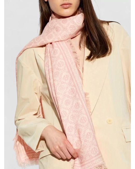 Tory Burch Pink Patterned Scarf All Over Fringed Edges