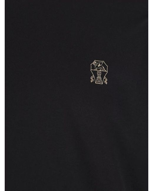 Brunello Cucinelli Black Cotton Logo Embroidery Crew Neck T-Shirt for men