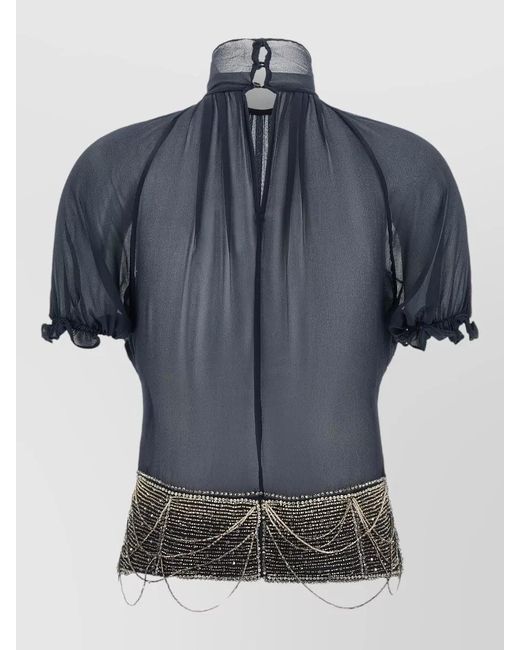 The Attico Blue Silk Beaded High Neck Short Sleeve Blouse
