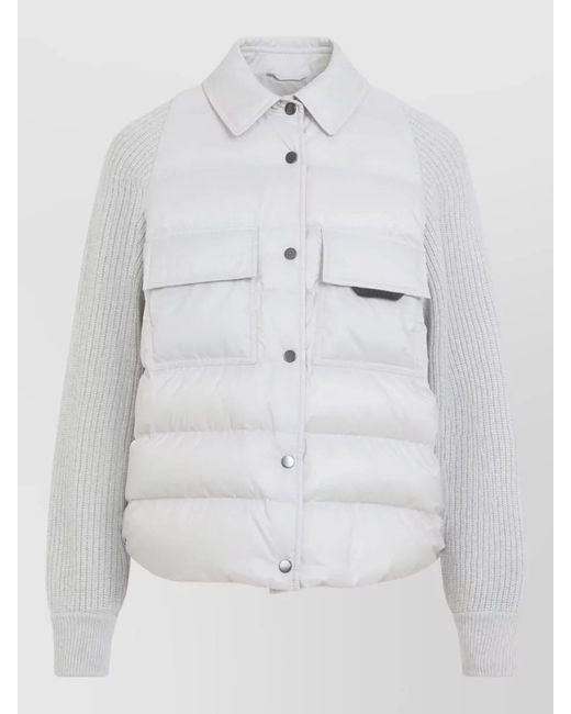 Brunello Cucinelli White Hybrid Padded Jacket Ribbed Detail Sleeves