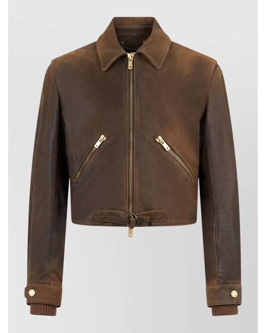 Golden Goose Deluxe Brand Brown Short Leather Jacket Long Sleeves Collar