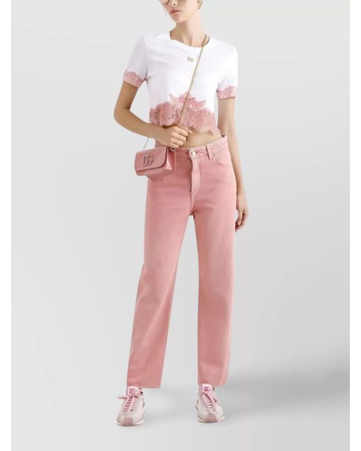 Dolce & Gabbana Pink Cropped T-Shirt With Lace Trim And Logo
