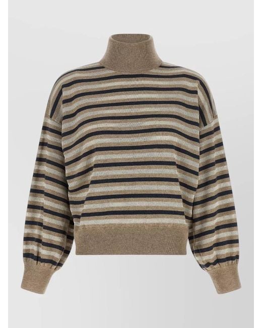 Brunello Cucinelli Multicolor Lamé Stripe Ribbed Knit Cropped Sweater