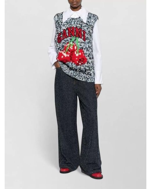 Ganni Gray Wool Knit Vest Crew Neck Graphic