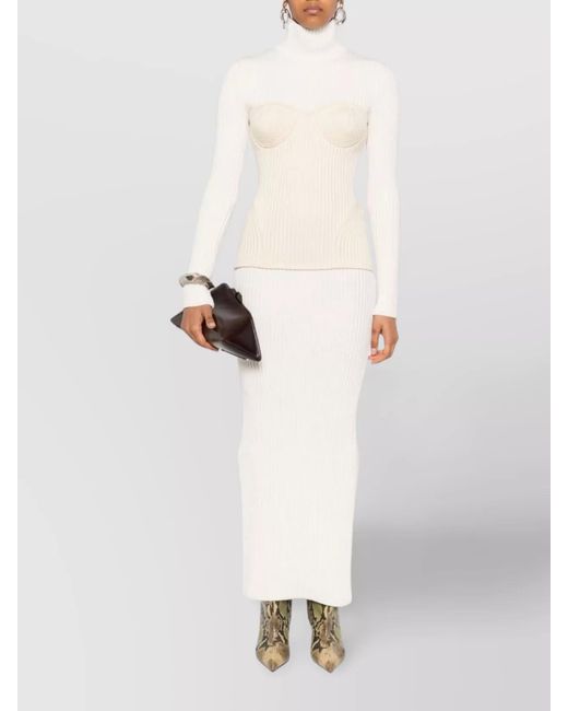 Jean Paul Gaultier White Merino Wool Ribbed Turtleneck Maxi Dress