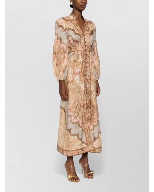 Zimmermann Natural Linen Printed V-Neck Long-Sleeve Midi Dress
