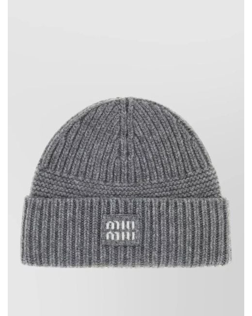 Miu Miu Gray Wool Blend Beanie Hat Folded Cuff Ribbed