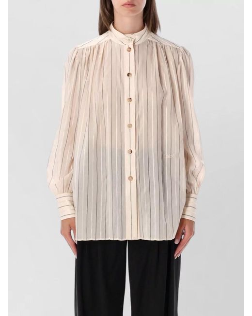 Chloé Natural Striped Gathered High-Neck Shirt