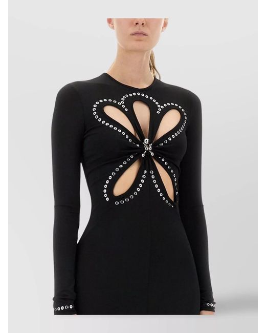 Rabanne Black Cutout Embellished Floral-Detail Long-Sleeve Maxi Dress