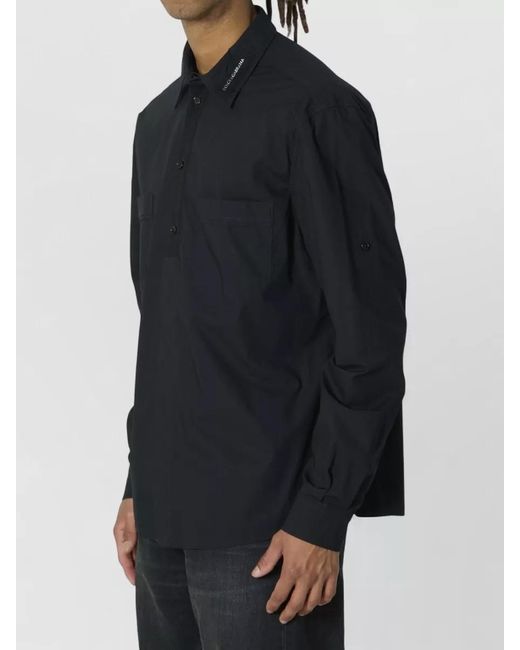 Dolce & Gabbana Blue Stretch Cotton Military Style Shirt for men