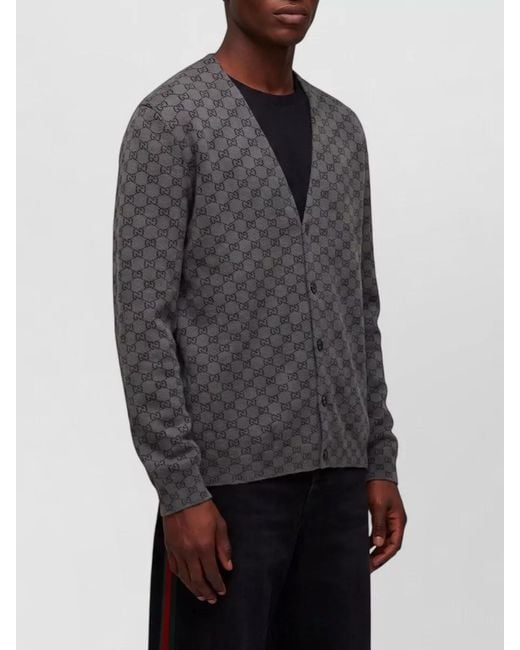 Gucci Gray Wool Silk Ribbed V-Neck Cardigan for men