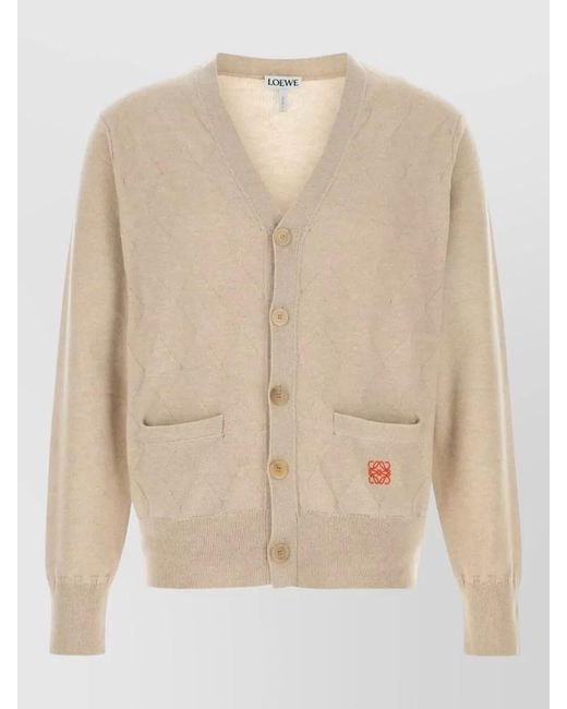Loewe Natural Wool Blend Cardigan Front Pockets Ribbed Cuffs Hem for men