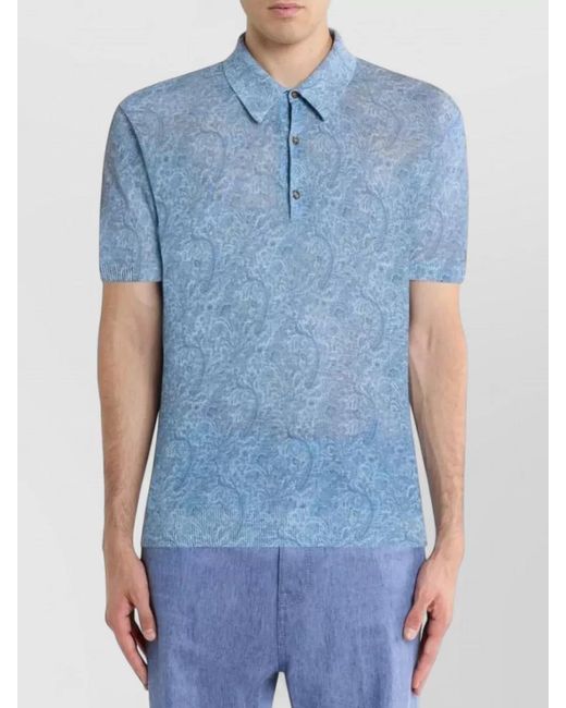 Etro Blue Knitted Polo Shirt Short Sleeves Floral for men