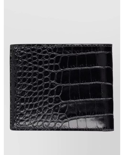 Tom Ford Black Leather Croc Embossed Bi Fold Wallet for men