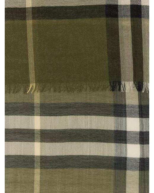 Burberry Green Wool Scarf Checked Pattern Fringed Edges