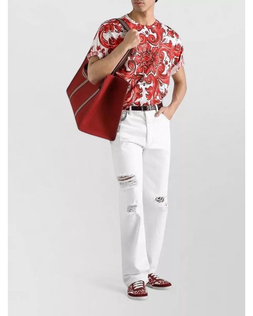 Dolce & Gabbana Red Majolica Print Cotton Jersey Crew T Shirt for men