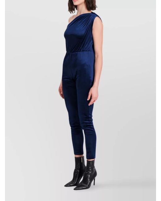 Atlein Blue Velvet One-Shoulder Bodycon Catsuit