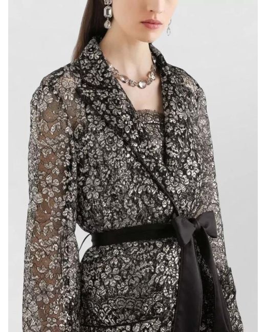 Dolce & Gabbana Gray Lace Jacket Long Sleeves Tailored Belted