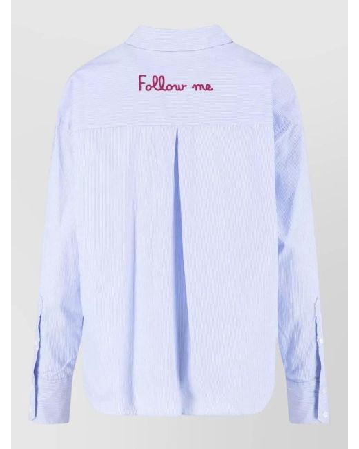Mc2 Saint Barth Blue Straight Shirt Long Sleeves Striped Collar Embroidered