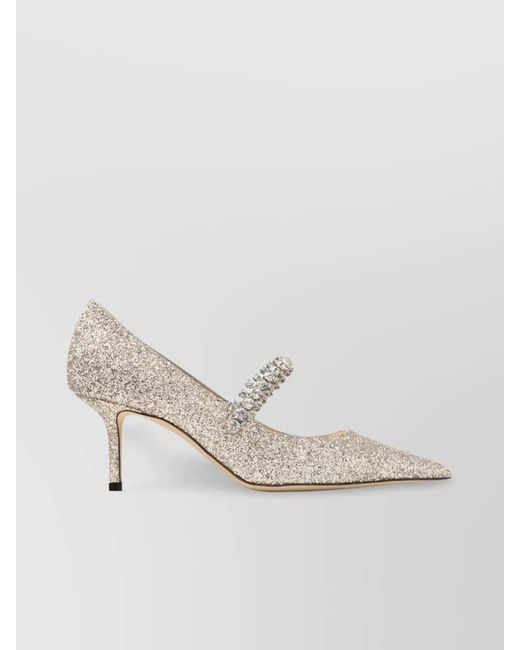 Jimmy Choo White Crystal Strap Bing 65 Pumps Glitter Fabric
