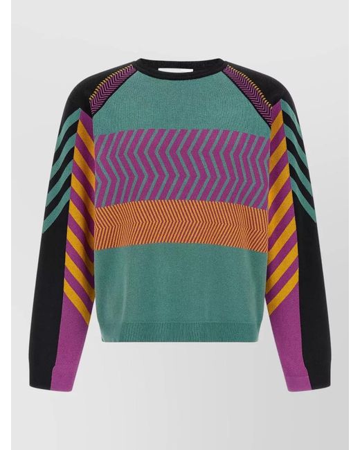 Kiko Kostadinov Green Cotton Chevron-Striped Jacquard-Knit Panelled Crew-Neck Long-Sleeve Sweater for men