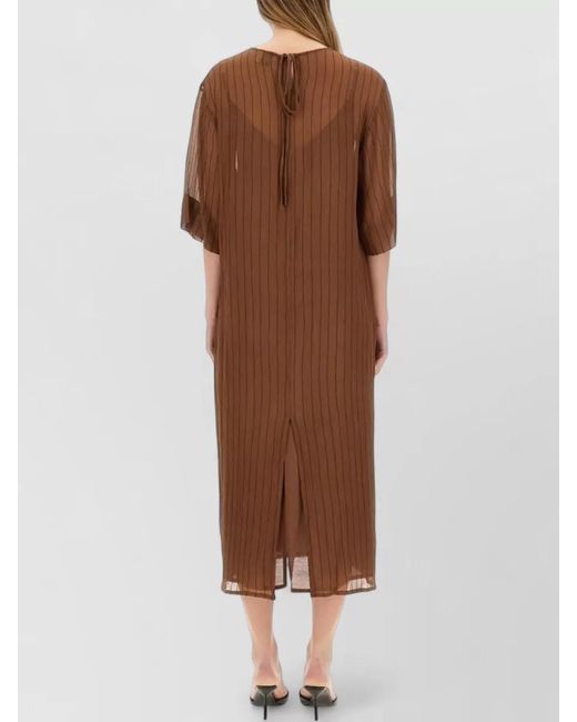 Alysi Brown Silk Midi Dress Sheer Back Tie