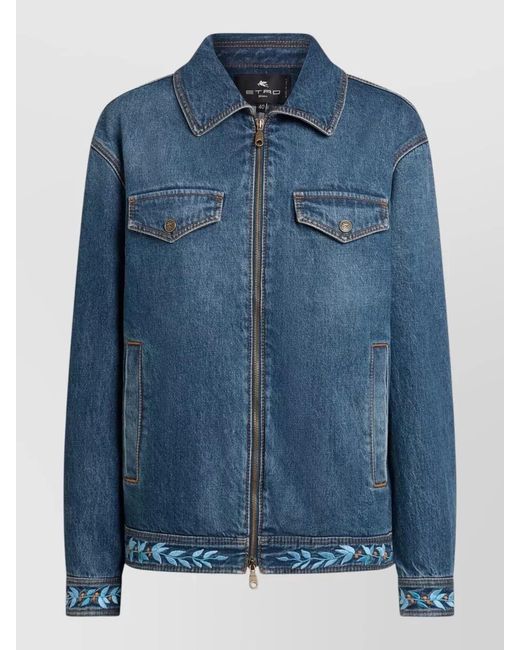 Etro Blue Relaxed Fit Denim Jacket Pointed Collar