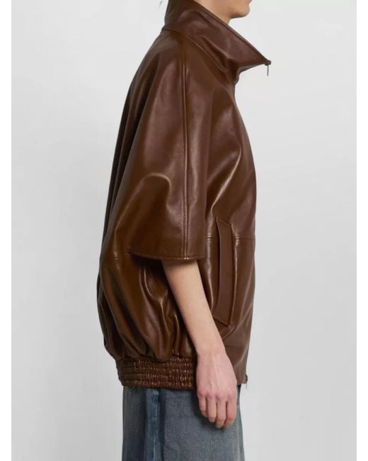 Balenciaga Brown Lamb Leather Short-Sleeve Bomber Jacket