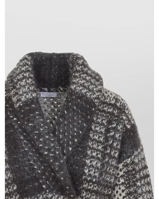 Brunello Cucinelli Gray Mohair Blend Sequined Belted Macrocheck Oversized Coat