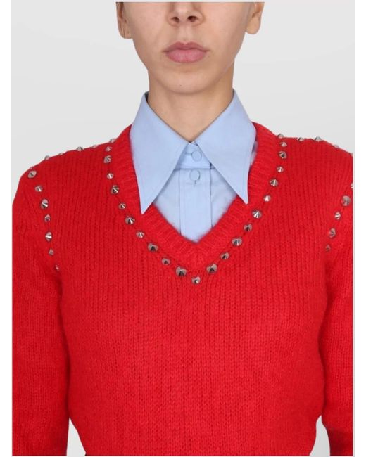 Gucci Red Mohair V-Neck Studded Jumper