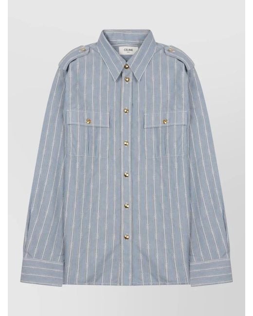 Céline Blue Jacket Striped Pattern Chest Pockets Epaulettes