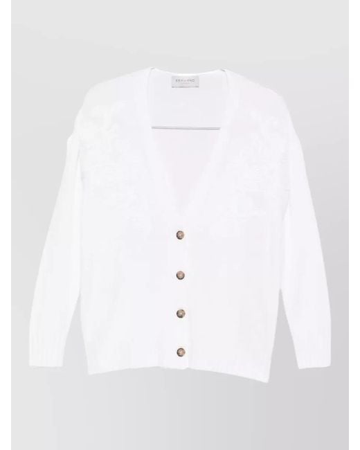 ERMANNO FIRENZE White V Neck Cardigan Long Sleeves Embroidery Ribbed