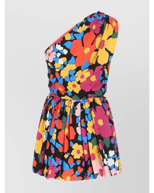 Saint Laurent White Floral Print Ruched One Shoulder Sleeveless Mini Dress