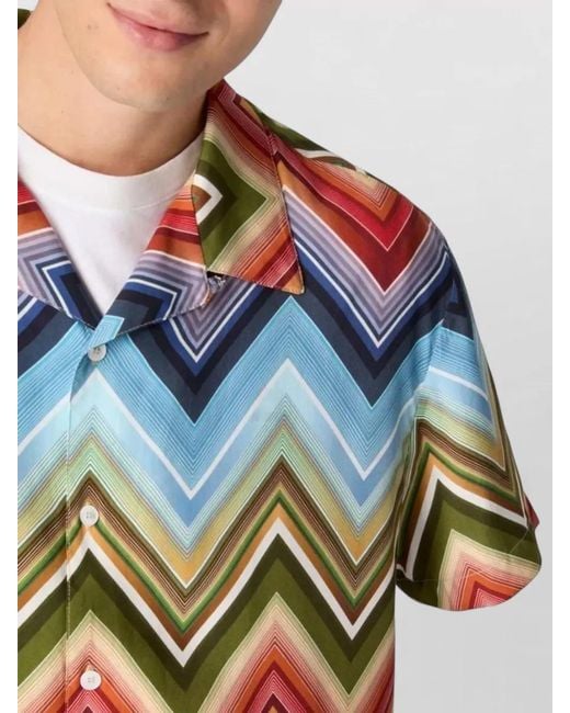 Missoni Blue Short Sleeve Shirt Chevron Pattern for men